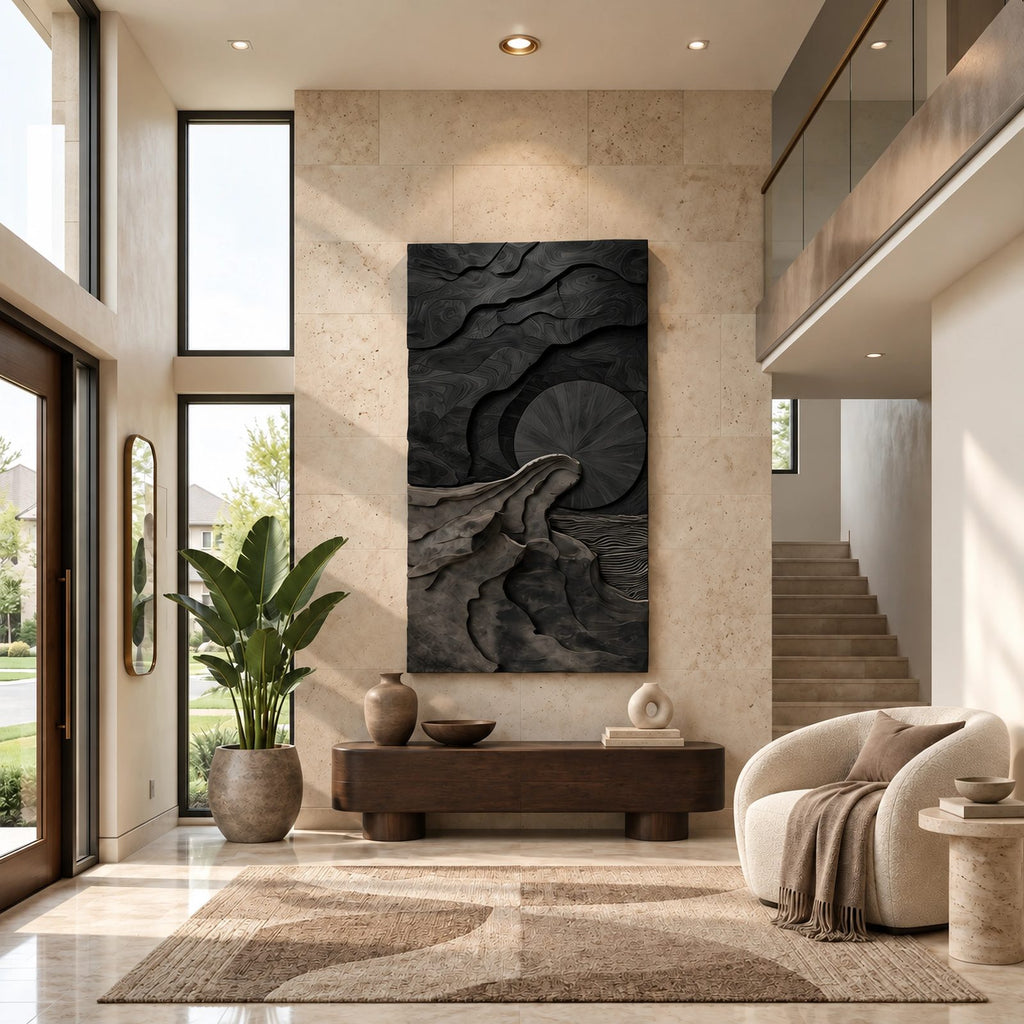 Sculptural Tall Landscape Wood Wall Art With Carved Sun For Entryway
