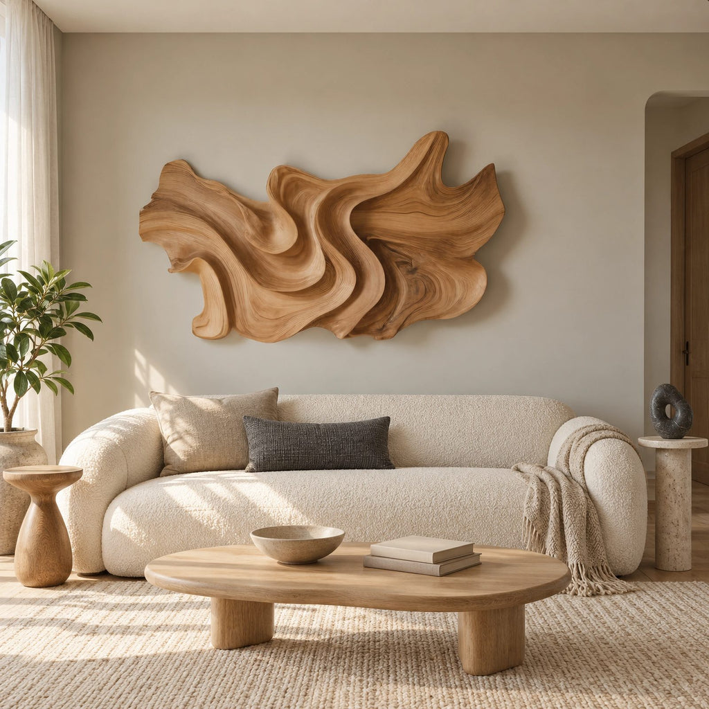 Abstract Layered Wood Wall Sculpture With Sweeping Curves For Bedroom