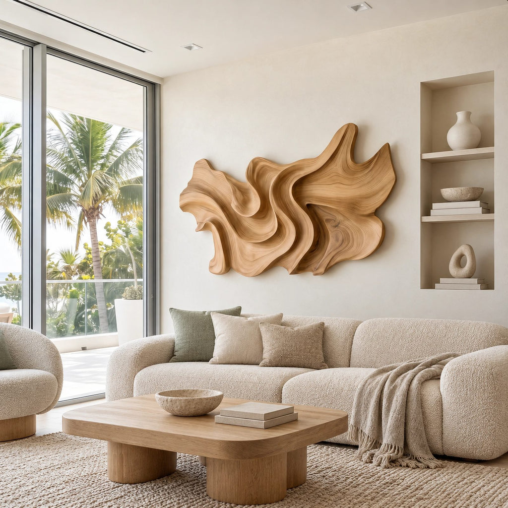 Abstract Layered Wood Wall Sculpture With Sweeping Curves For Bedroom