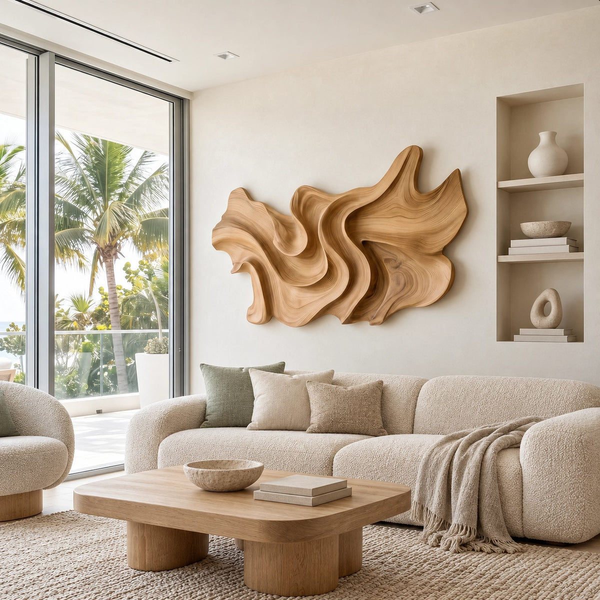 Abstract Layered Wood Wall Sculpture With Sweeping Curves For Bedroom