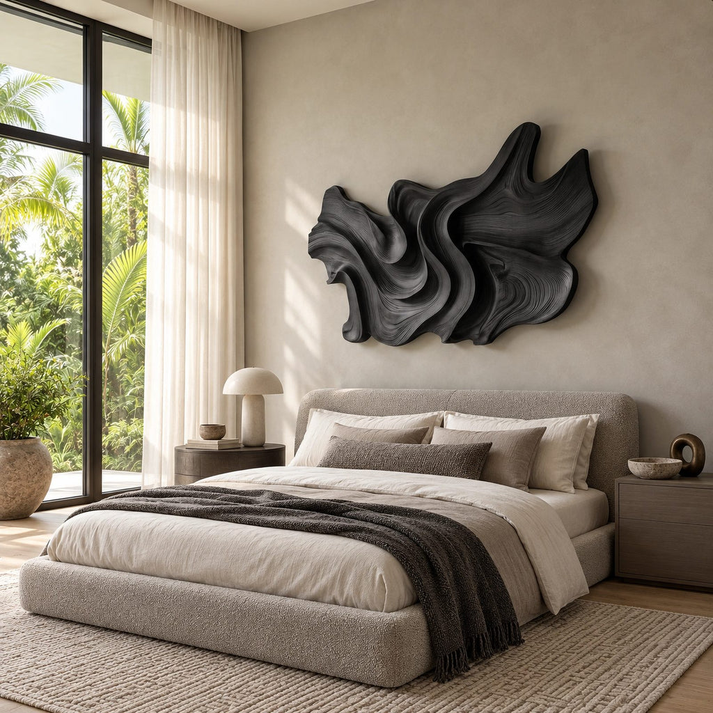 Abstract Layered Wood Wall Sculpture With Sweeping Curves For Bedroom
