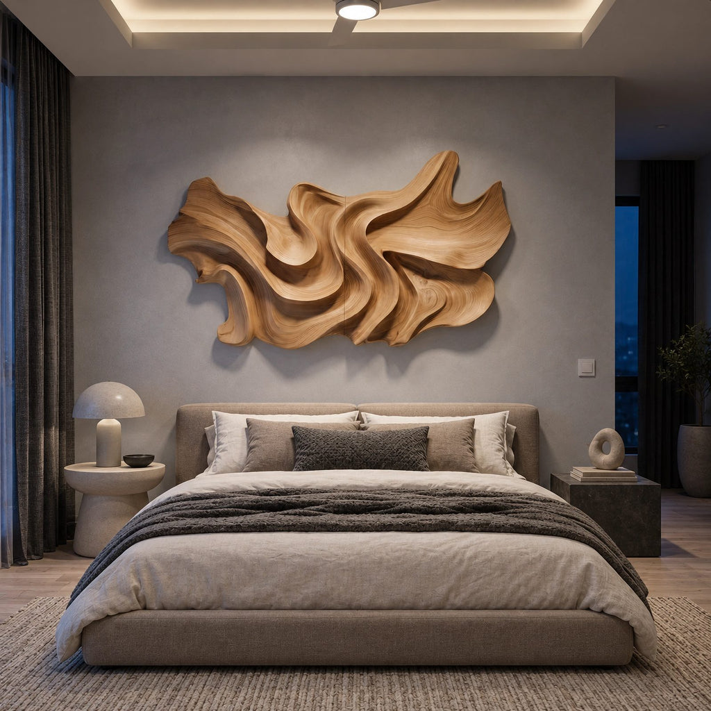 Abstract Layered Wood Wall Sculpture With Sweeping Curves For Bedroom