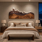 Alpine Mountain Range Wood Wall Carving With Relief Ridges For Bedroom
