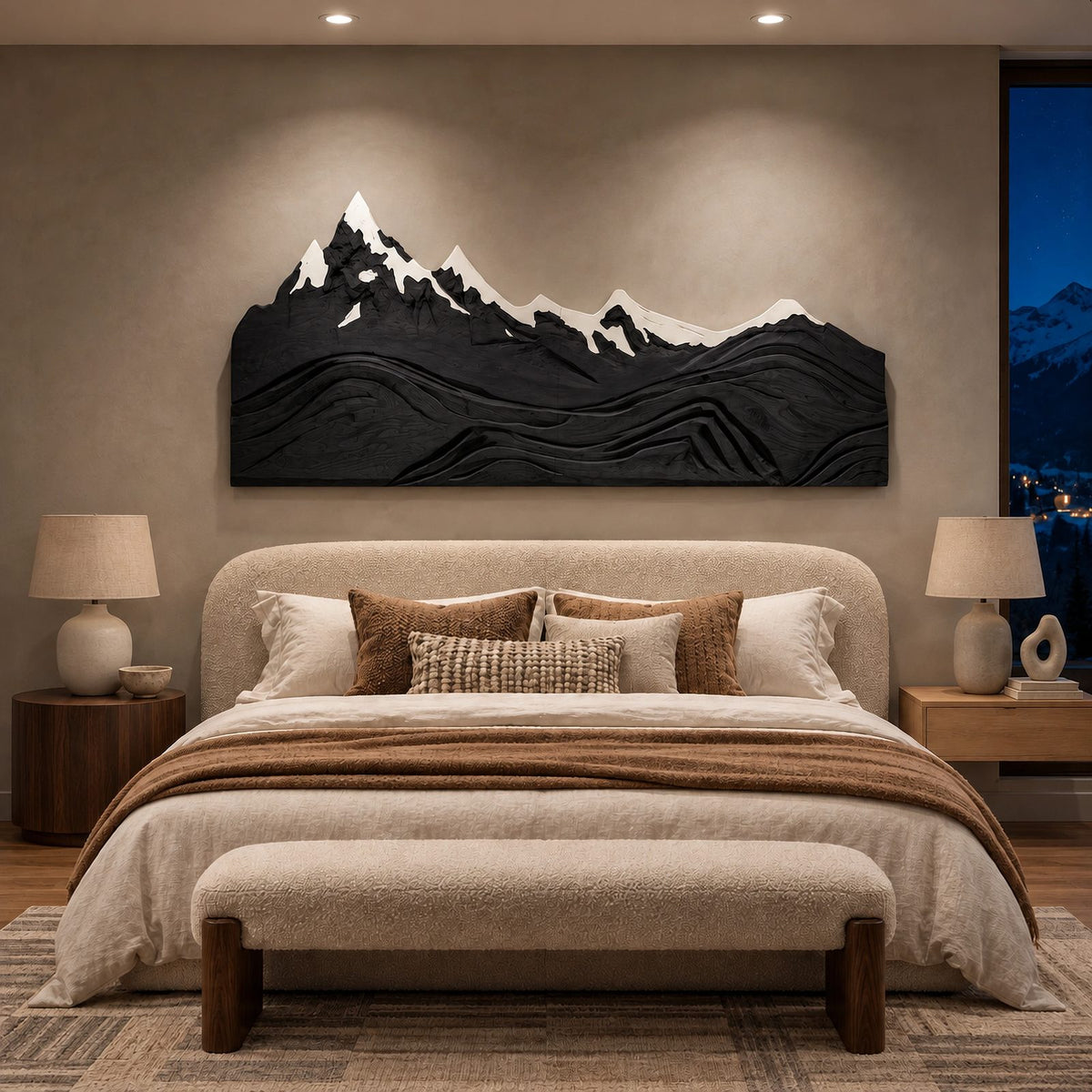Alpine Mountain Range Wood Wall Carving With Relief Ridges For Bedroom