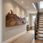 Alpine Mountain Range Wood Wall Carving With Relief Ridges For Bedroom