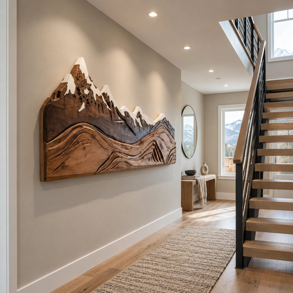 Alpine Mountain Range Wood Wall Carving With Relief Ridges For Bedroom