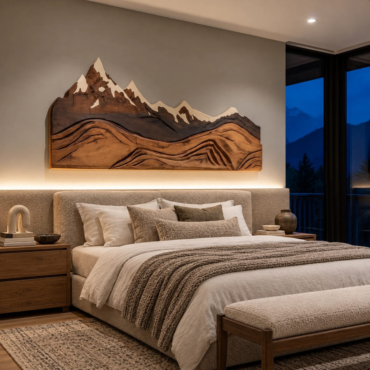 Alpine Mountain Range Wood Wall Carving With Relief Ridges For Bedroom