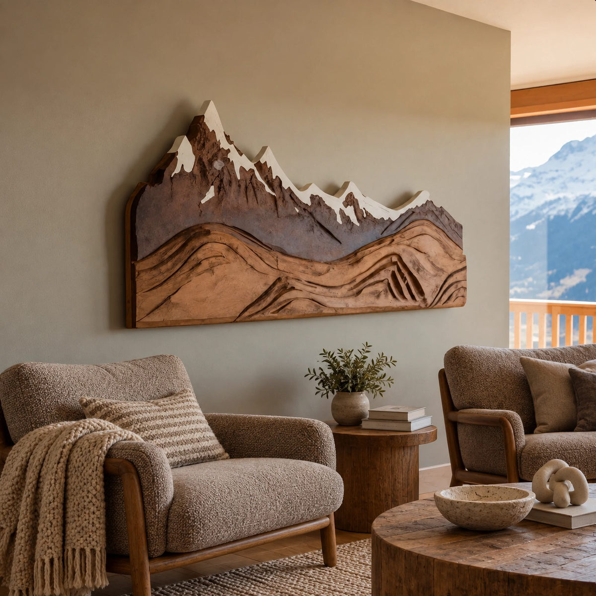Alpine Mountain Range Wood Wall Carving With Relief Ridges For Bedroom