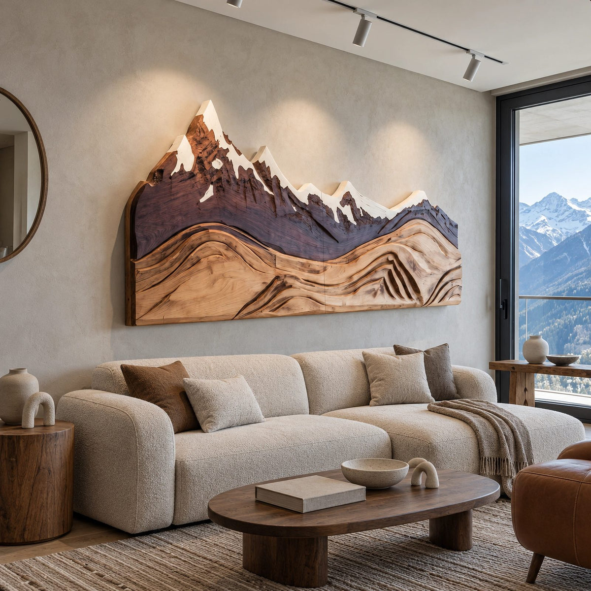 Alpine Mountain Range Wood Wall Carving With Relief Ridges For Bedroom