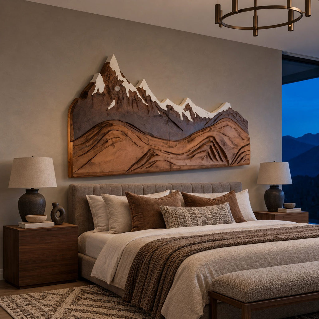 Alpine Mountain Range Wood Wall Carving With Relief Ridges For Bedroom