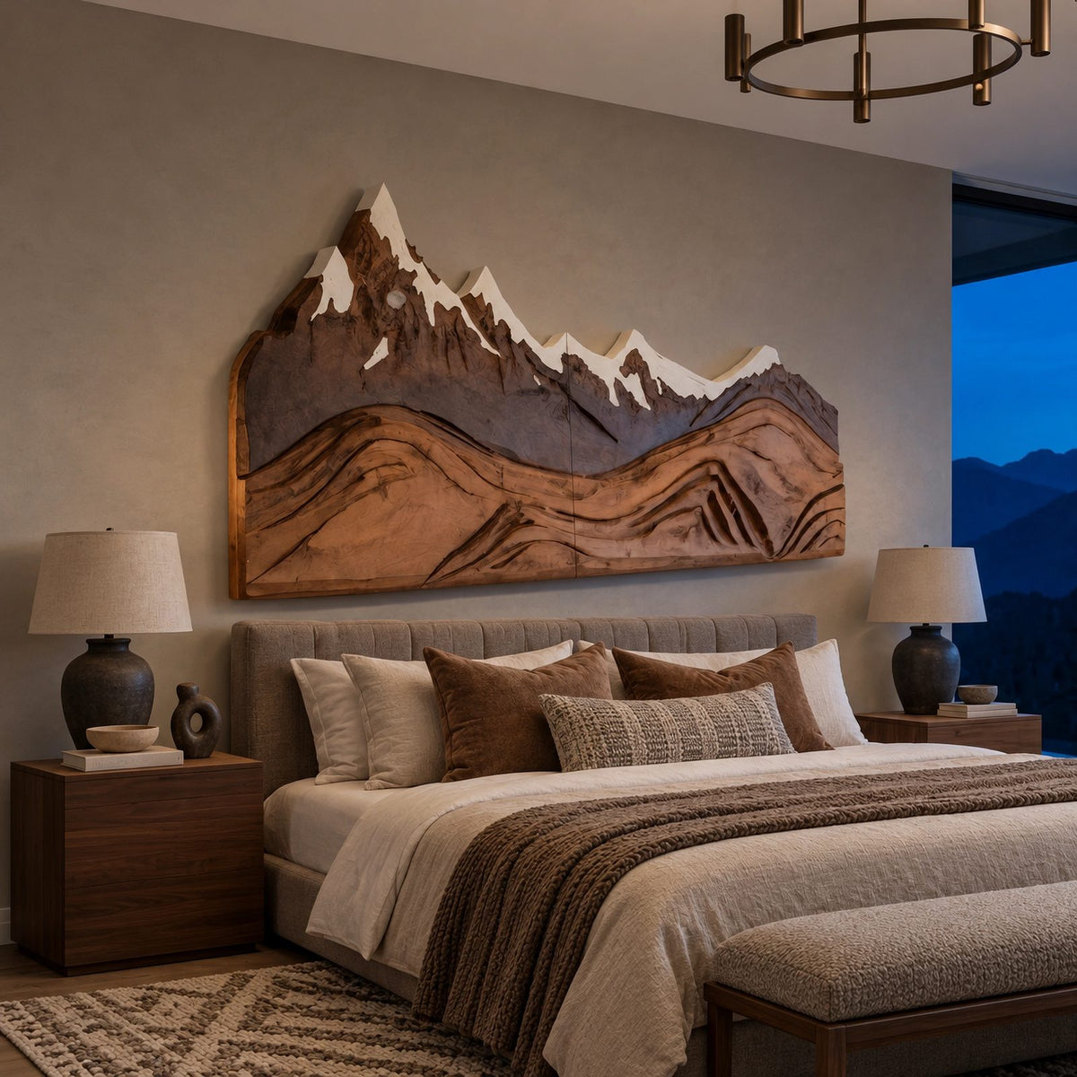 Alpine Mountain Range Wood Wall Carving With Relief Ridges For Bedroom
