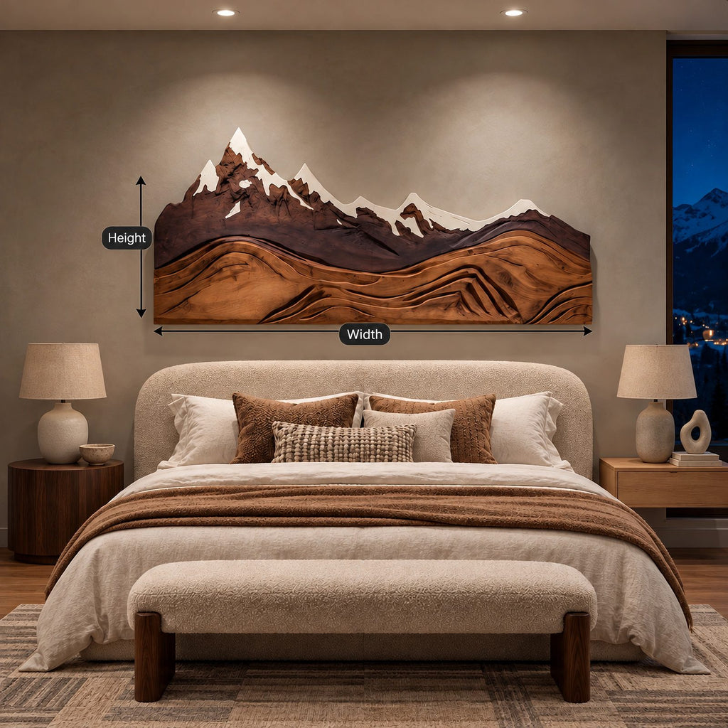 Alpine Mountain Range Wood Wall Carving With Relief Ridges For Bedroom