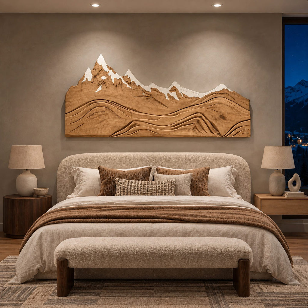Alpine Mountain Range Wood Wall Carving With Relief Ridges For Bedroom