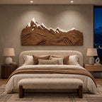 Alpine Mountain Range Wood Wall Carving With Relief Ridges For Bedroom