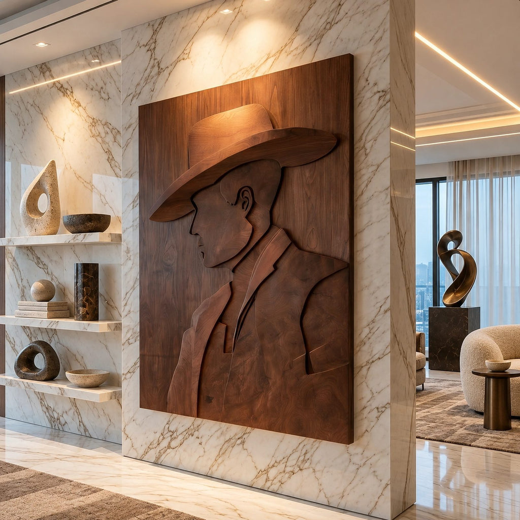 Contemporary Carved Cowboy Portrait Wood Wall Panel For Home Office