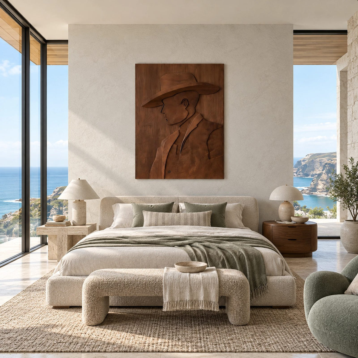 Contemporary Carved Cowboy Portrait Wood Wall Panel For Home Office