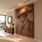 Contemporary Carved Cowboy Portrait Wood Wall Panel For Home Office