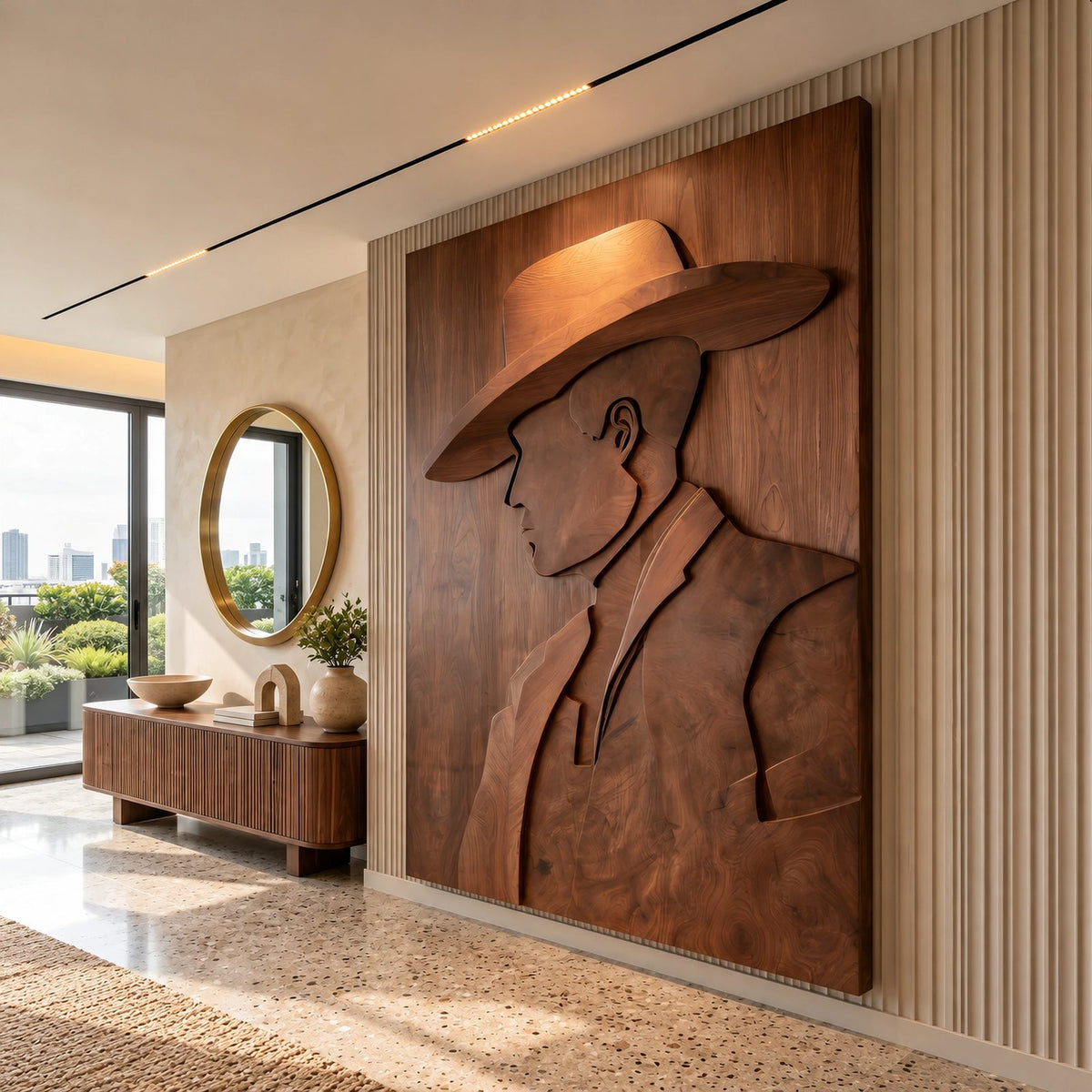 Contemporary Carved Cowboy Portrait Wood Wall Panel For Home Office