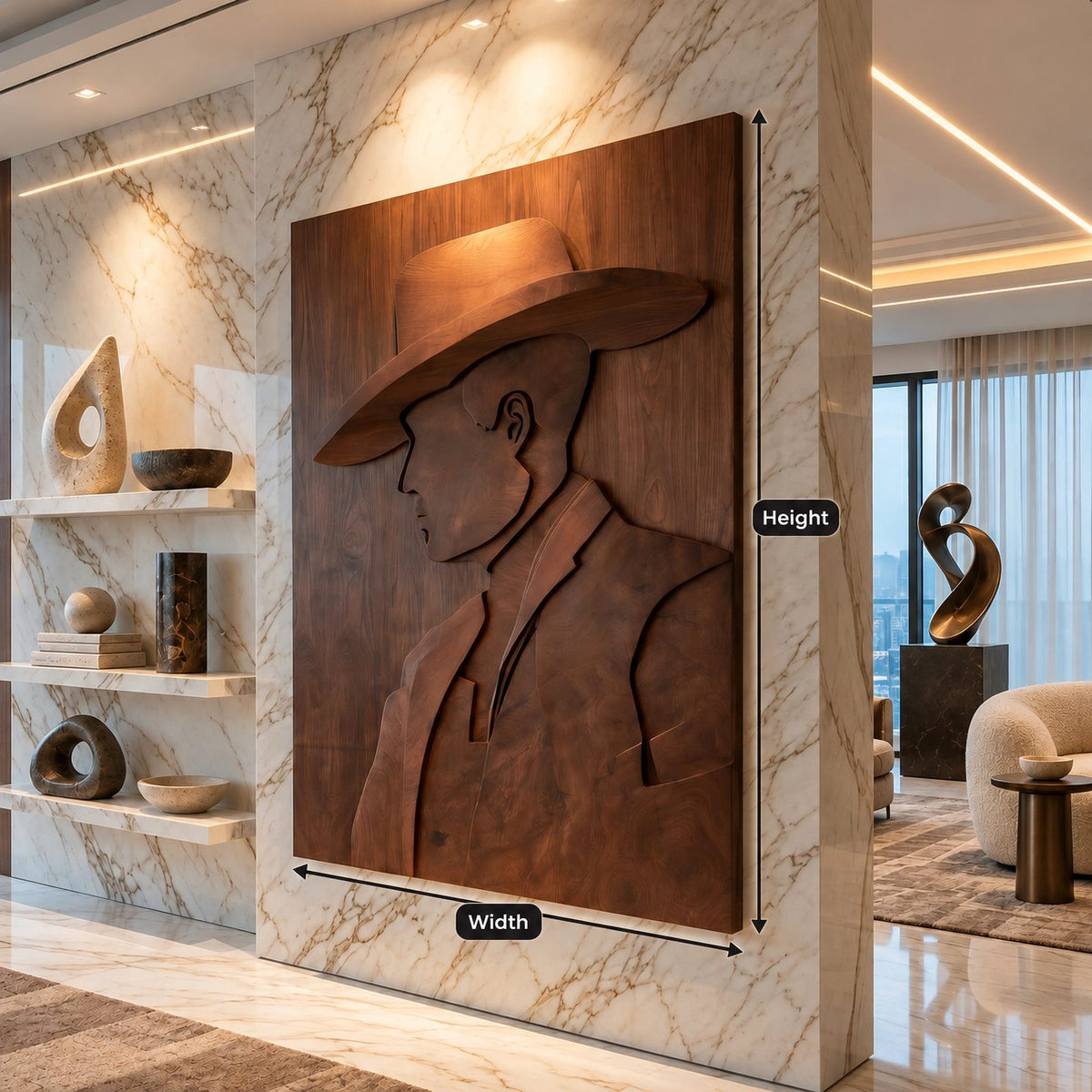 Contemporary Carved Cowboy Portrait Wood Wall Panel For Home Office