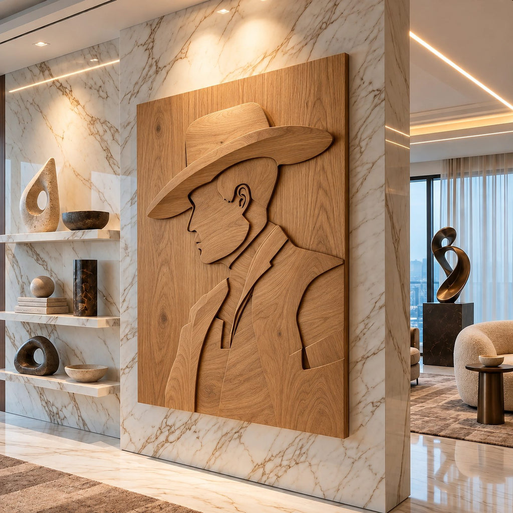 Contemporary Carved Cowboy Portrait Wood Wall Panel For Home Office