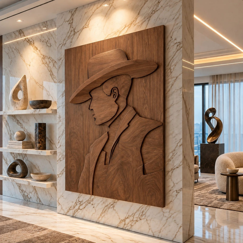 Contemporary Carved Cowboy Portrait Wood Wall Panel For Home Office