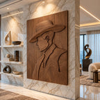 Contemporary Carved Cowboy Portrait Wood Wall Panel For Home Office