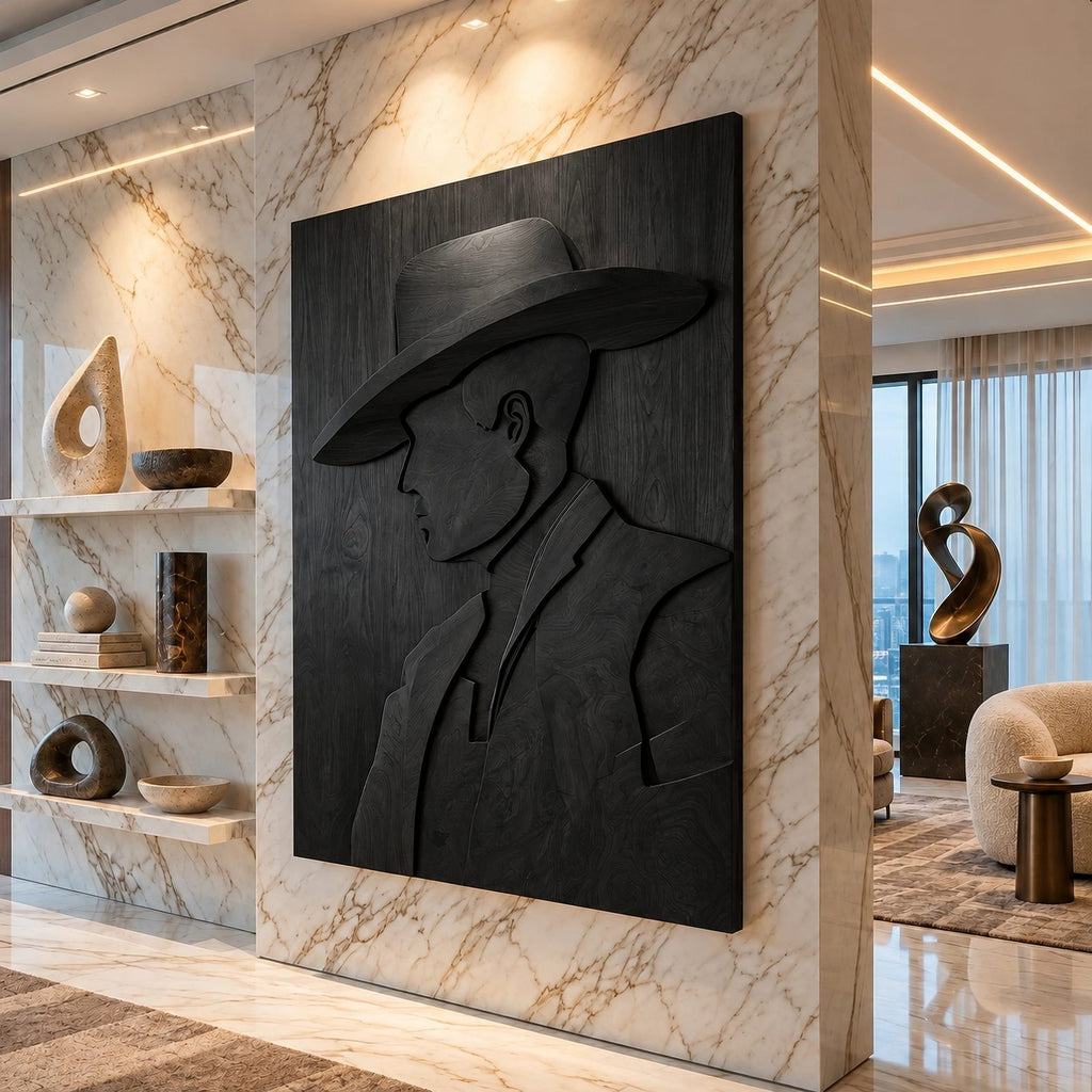 Contemporary Carved Cowboy Portrait Wood Wall Panel For Home Office