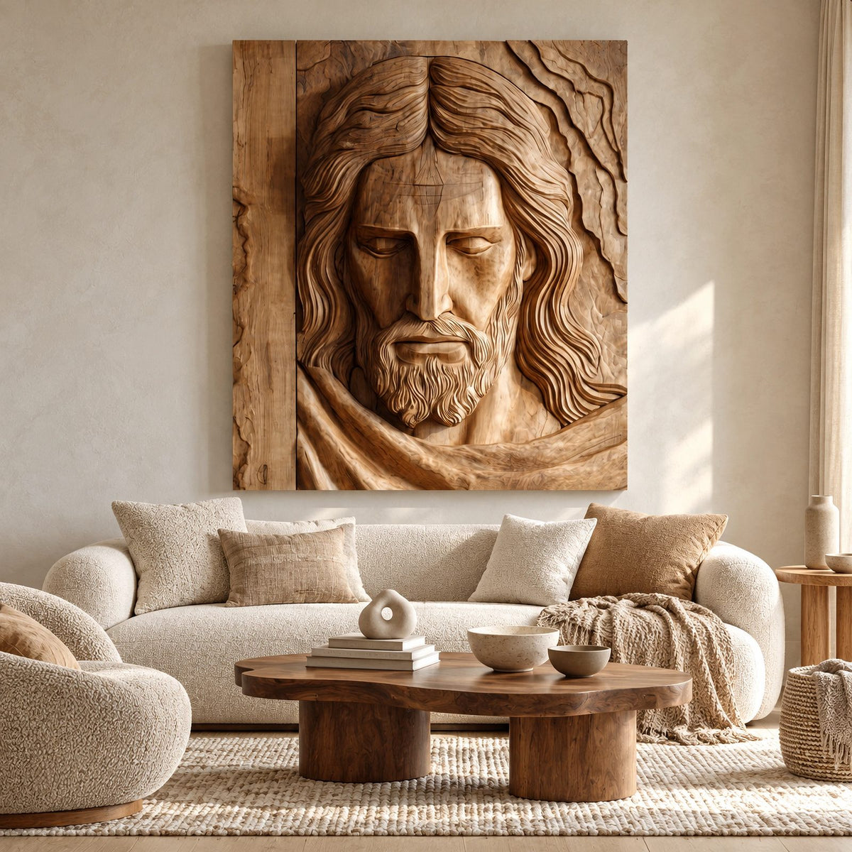 Traditional Carved Jesus Portrait Wood Relief Wall Art For Living Room