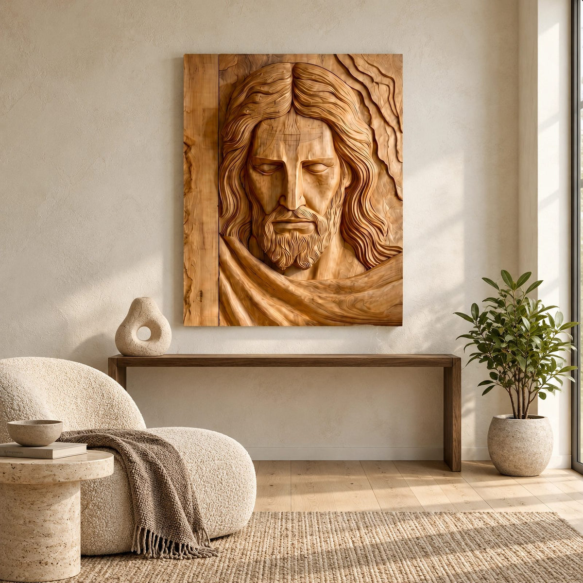 Traditional Carved Jesus Portrait Wood Relief Wall Art For Living Room