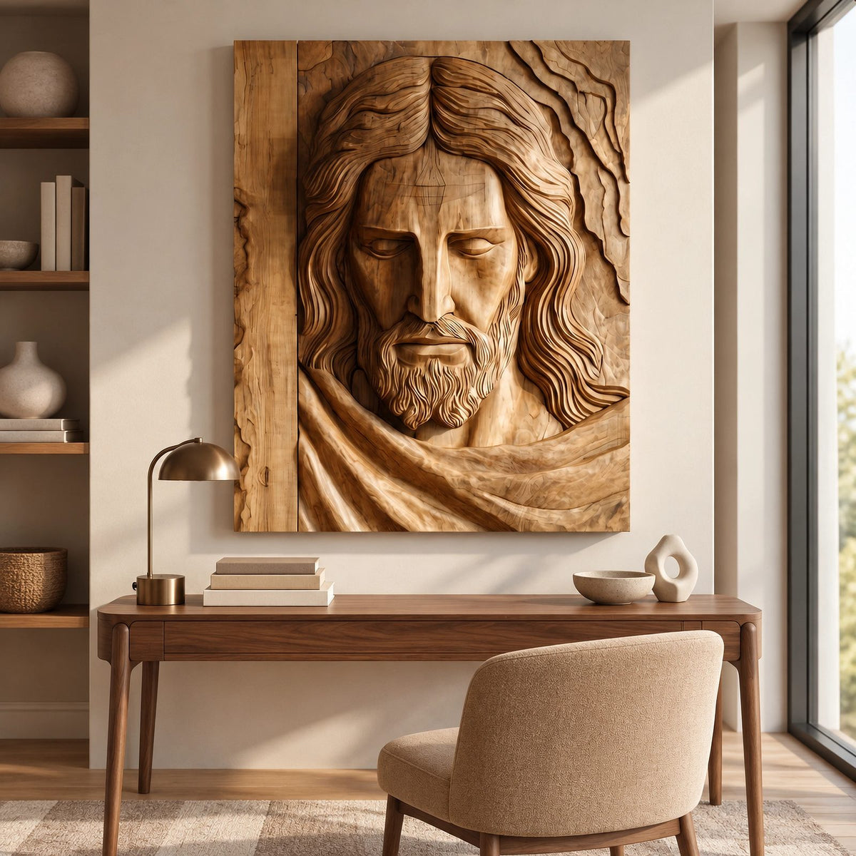 Traditional Carved Jesus Portrait Wood Relief Wall Art For Living Room