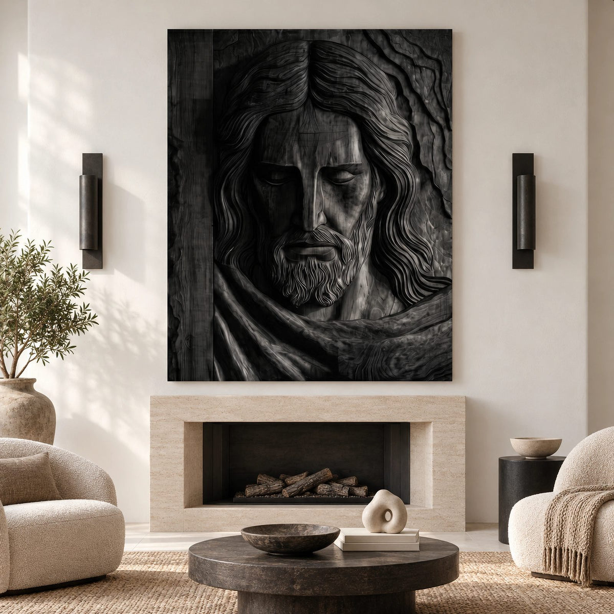 Traditional Carved Jesus Portrait Wood Relief Wall Art For Living Room