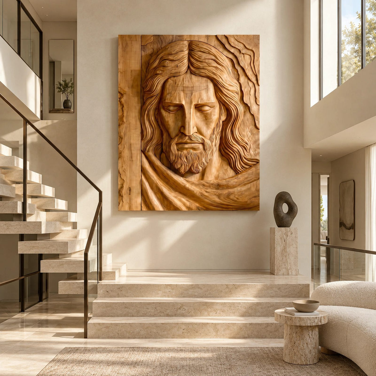 Traditional Carved Jesus Portrait Wood Relief Wall Art For Living Room