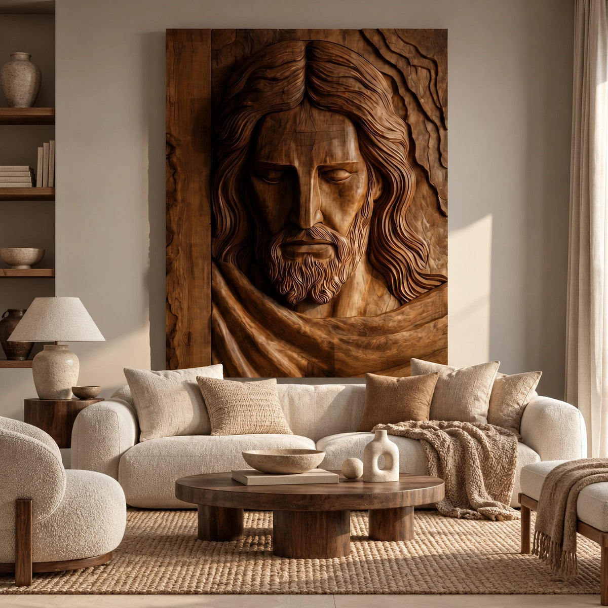 Traditional Carved Jesus Portrait Wood Relief Wall Art For Living Room