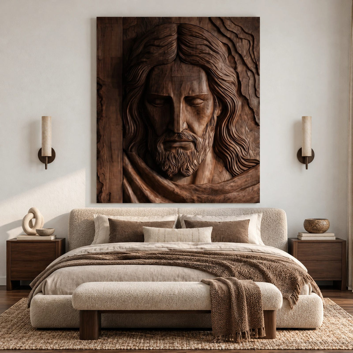 Traditional Carved Jesus Portrait Wood Relief Wall Art For Living Room