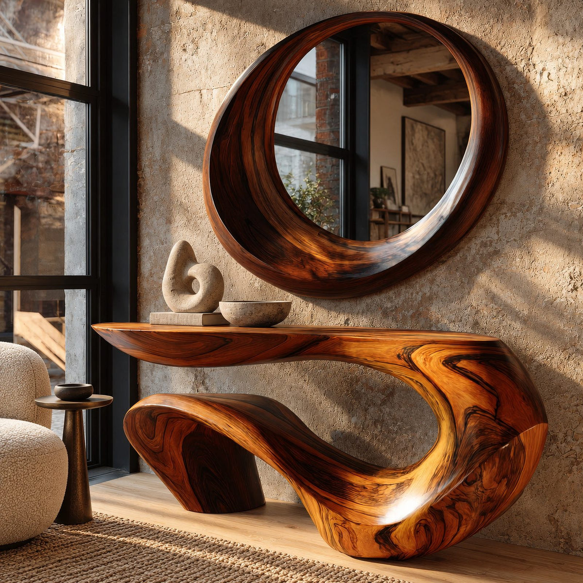 Sculptural Wave Wood Console Table With Curling Ribbon Base For Entryway
