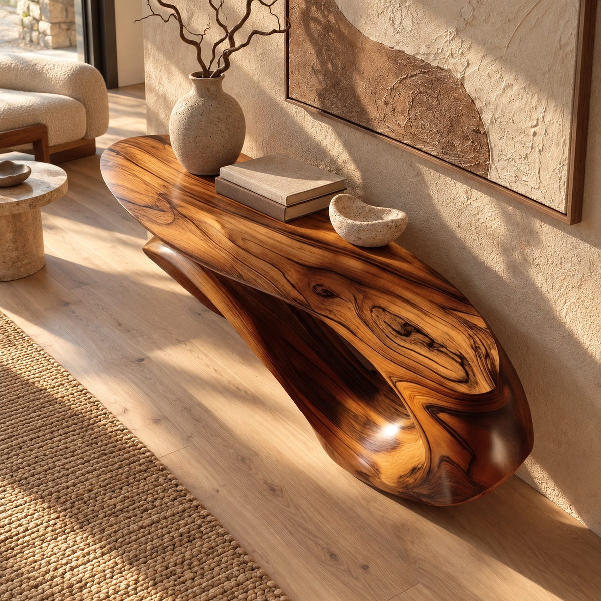 Sculptural Wave Wood Console Table With Curling Ribbon Base For Entryway