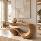 Sculptural Wave Wood Console Table With Curling Ribbon Base For Entryway