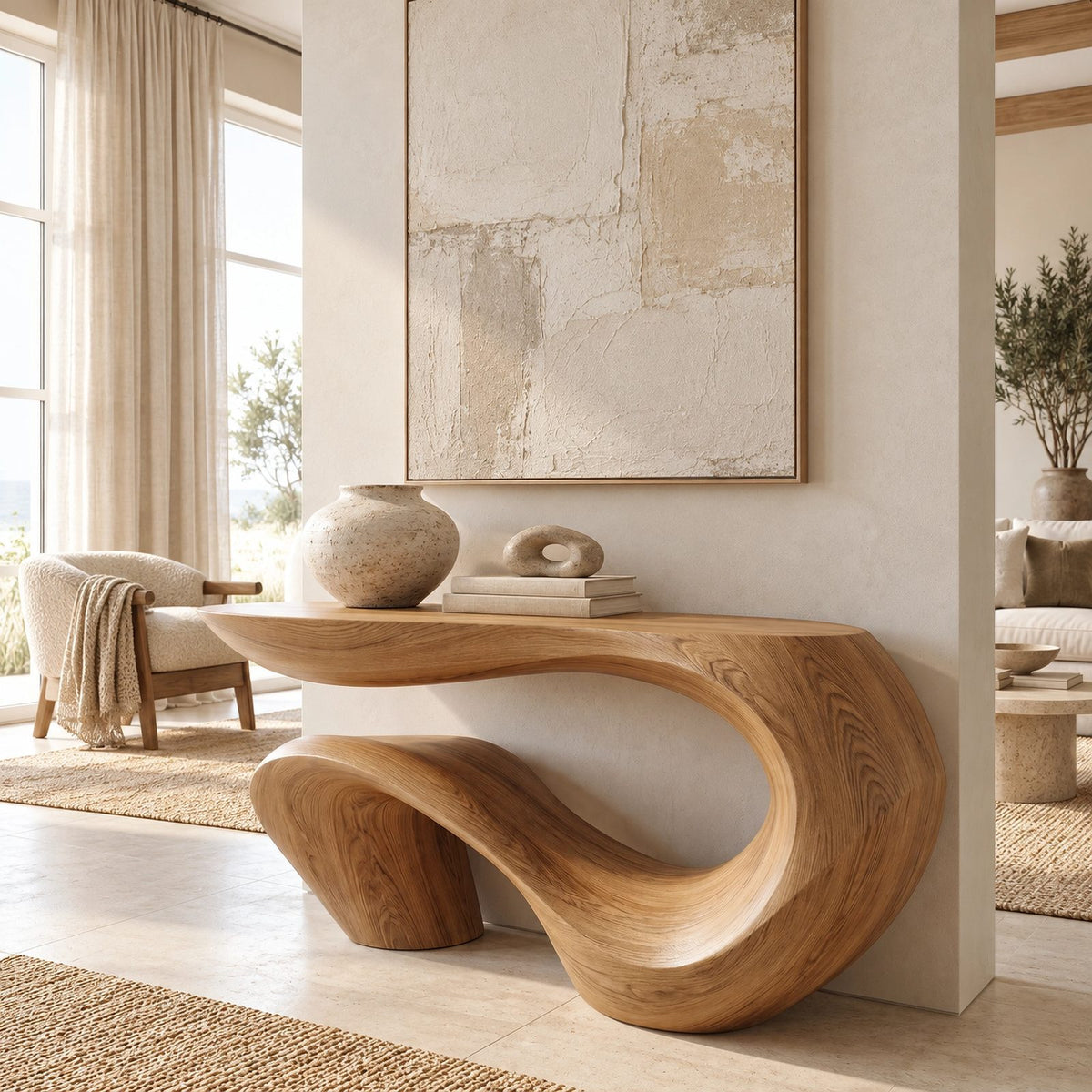 Sculptural Wave Wood Console Table With Curling Ribbon Base For Entryway
