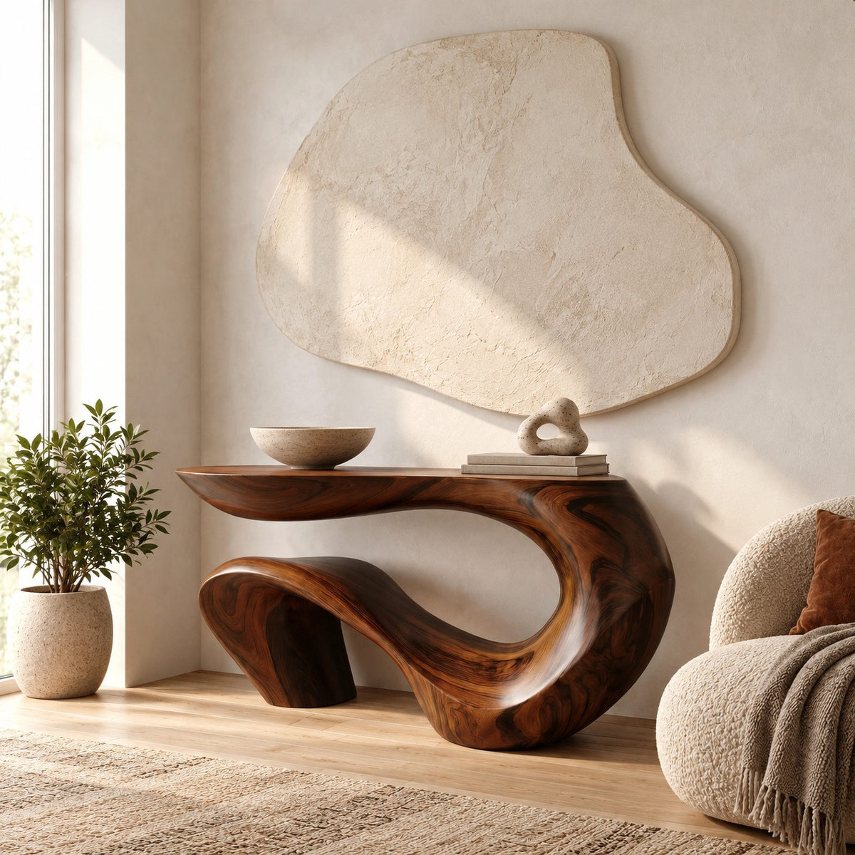 Sculptural Wave Wood Console Table With Curling Ribbon Base For Entryway