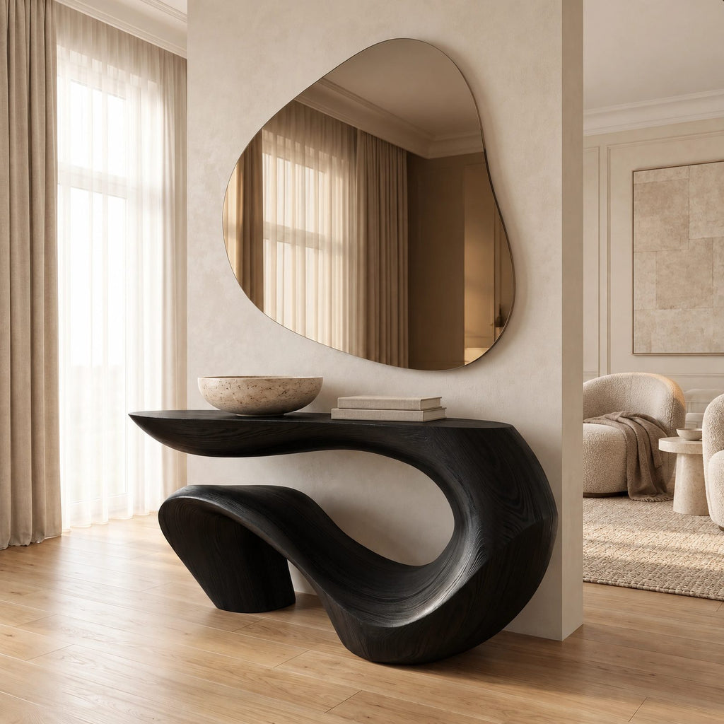 Sculptural Wave Wood Console Table With Curling Ribbon Base For Entryway