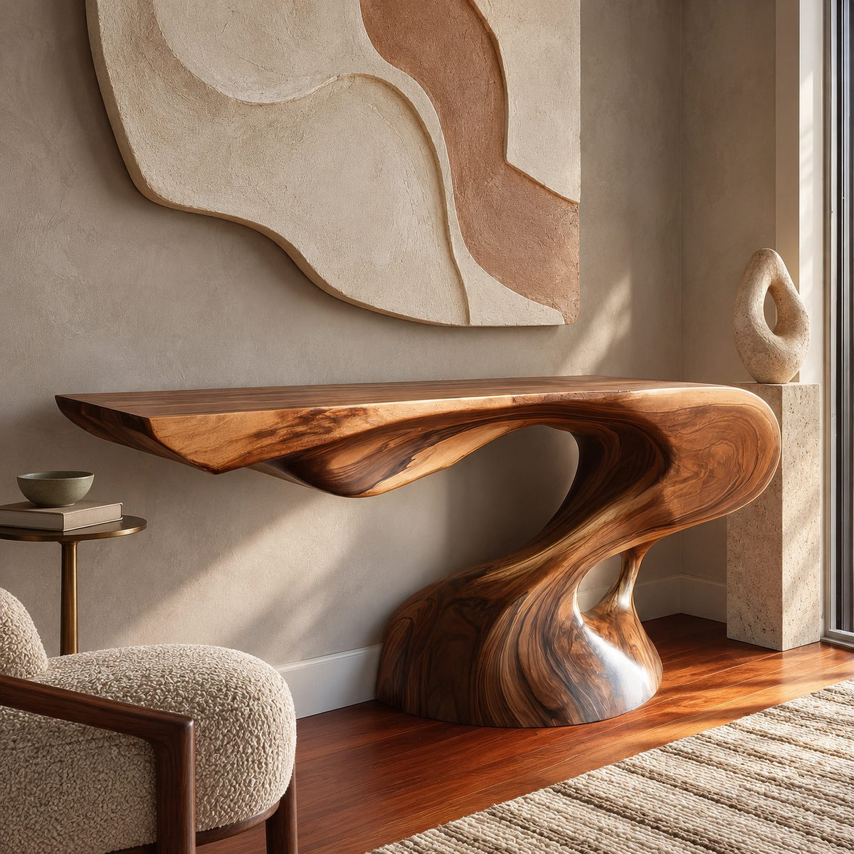 Organic Live Edge Console Table With Twisted Pedestal Base For Entryway