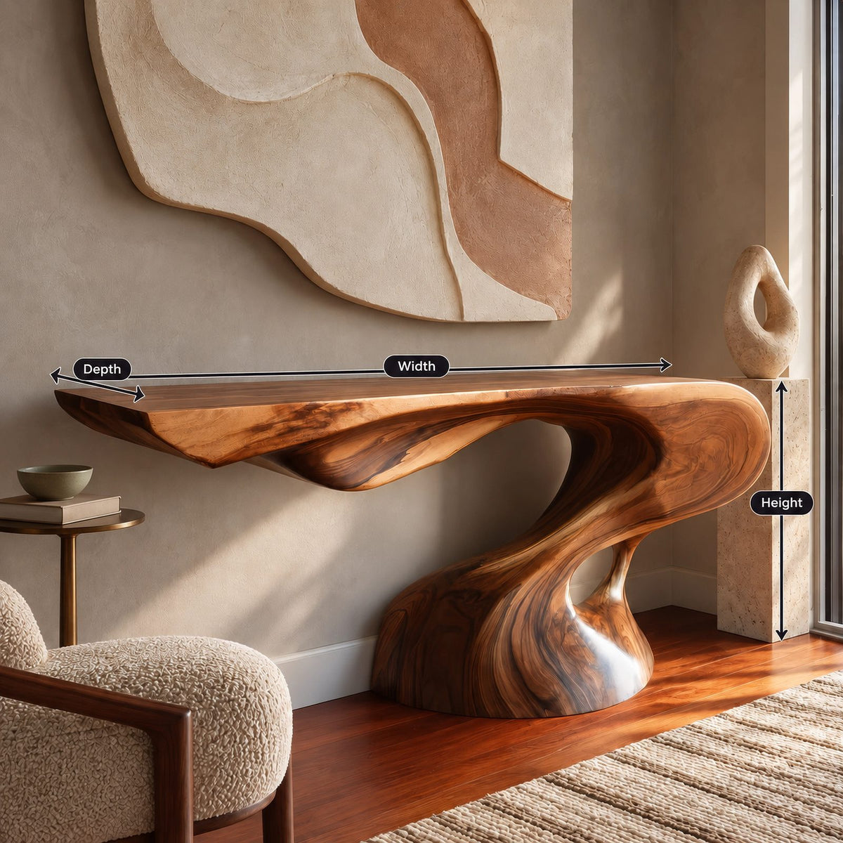 Organic Live Edge Console Table With Twisted Pedestal Base For Entryway