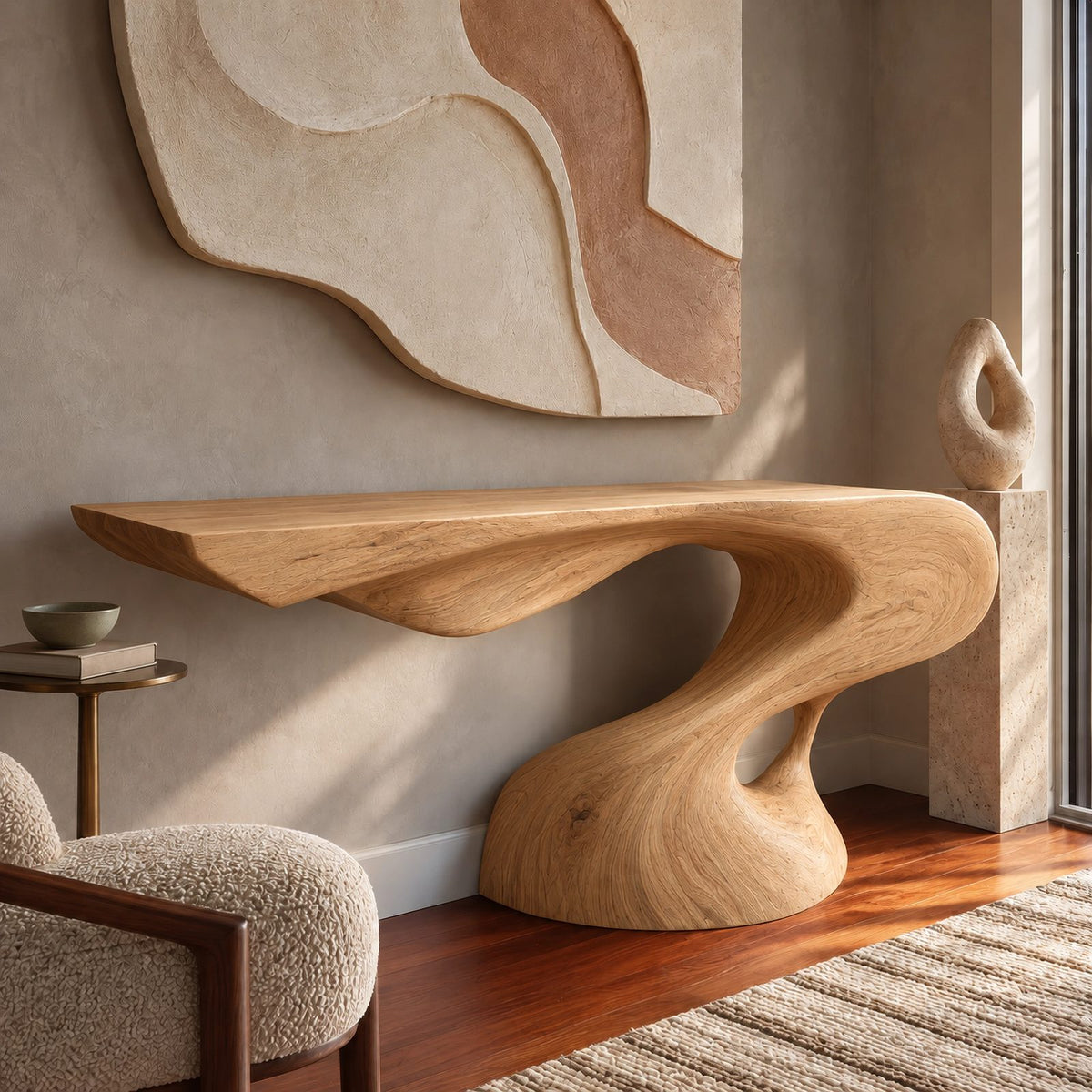 Organic Live Edge Console Table With Twisted Pedestal Base For Entryway