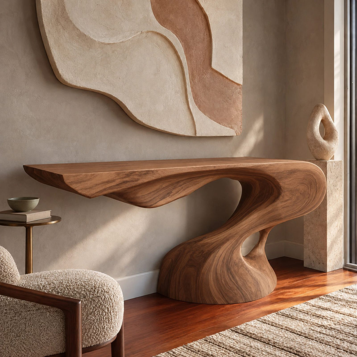Organic Live Edge Console Table With Twisted Pedestal Base For Entryway