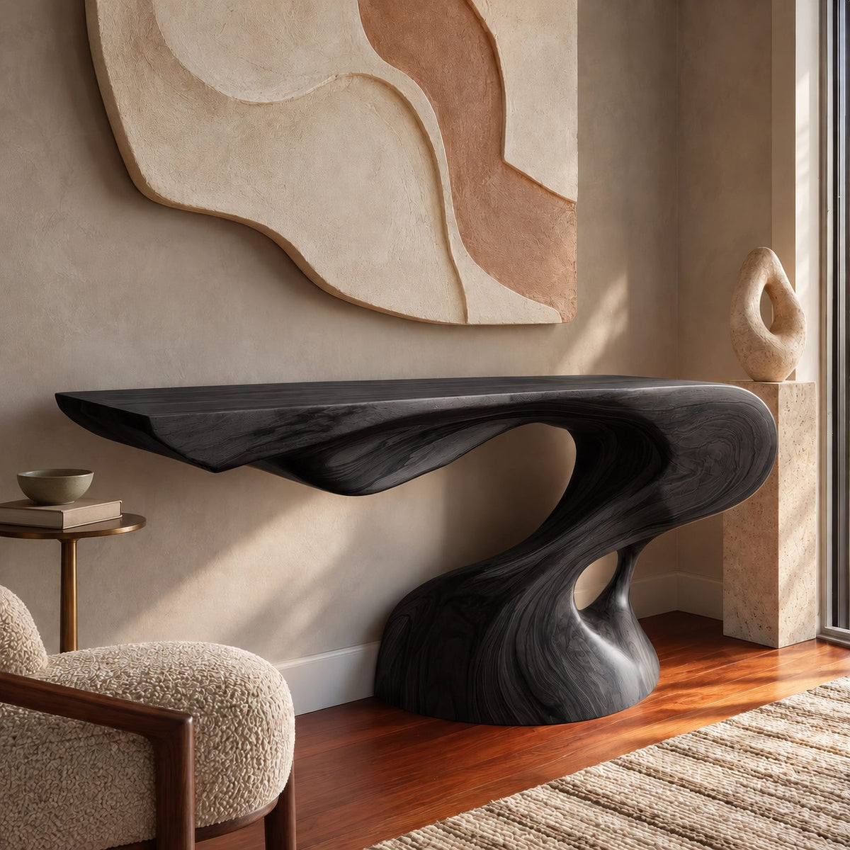 Organic Live Edge Console Table With Twisted Pedestal Base For Entryway