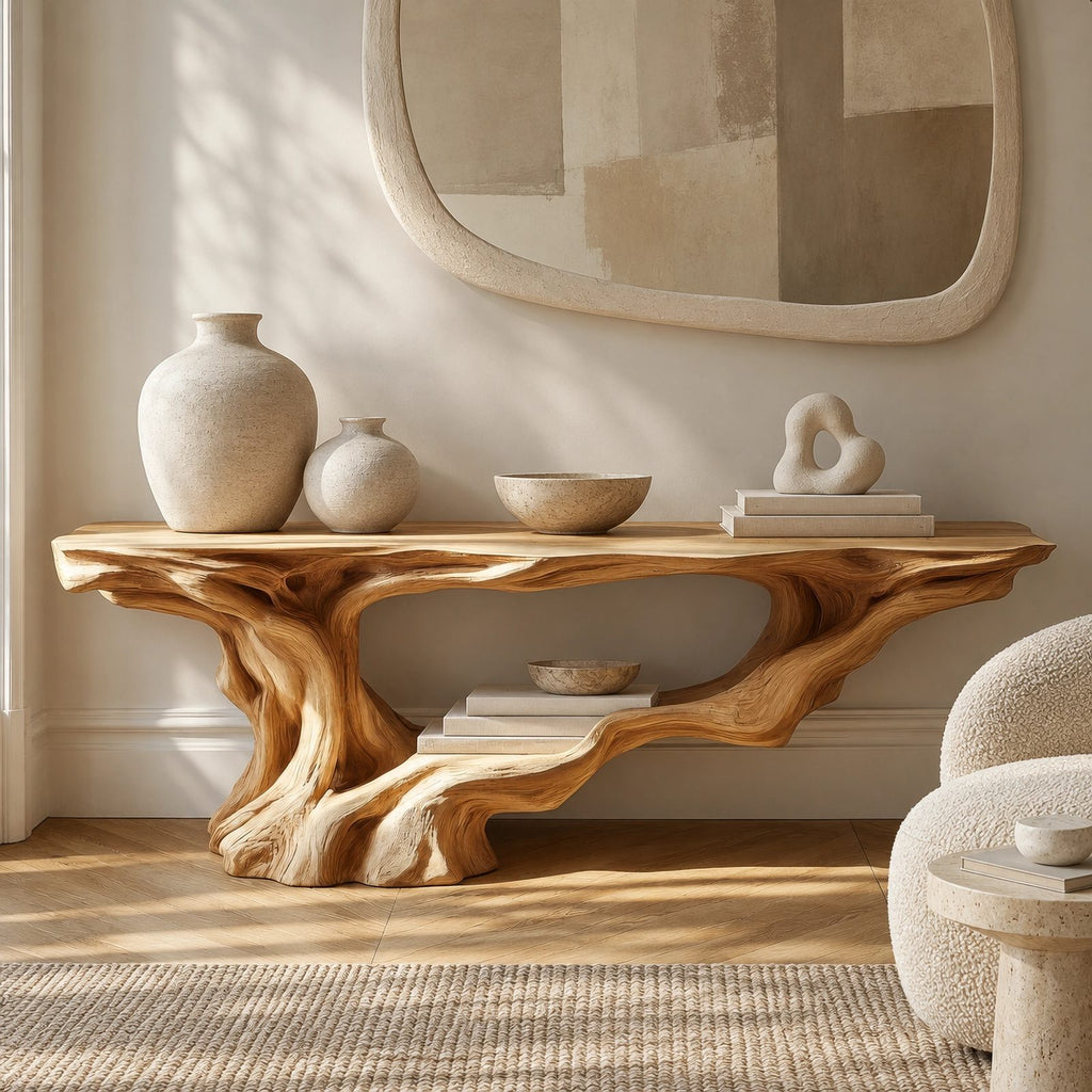 Rustic Driftwood Root Console Table With Lower Display Shelf For Hallway