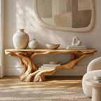 Rustic Driftwood Root Console Table With Lower Display Shelf For Hallway