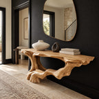 Rustic Driftwood Root Console Table With Lower Display Shelf For Hallway