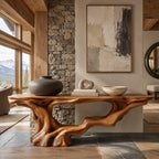 Rustic Driftwood Root Console Table With Lower Display Shelf For Hallway