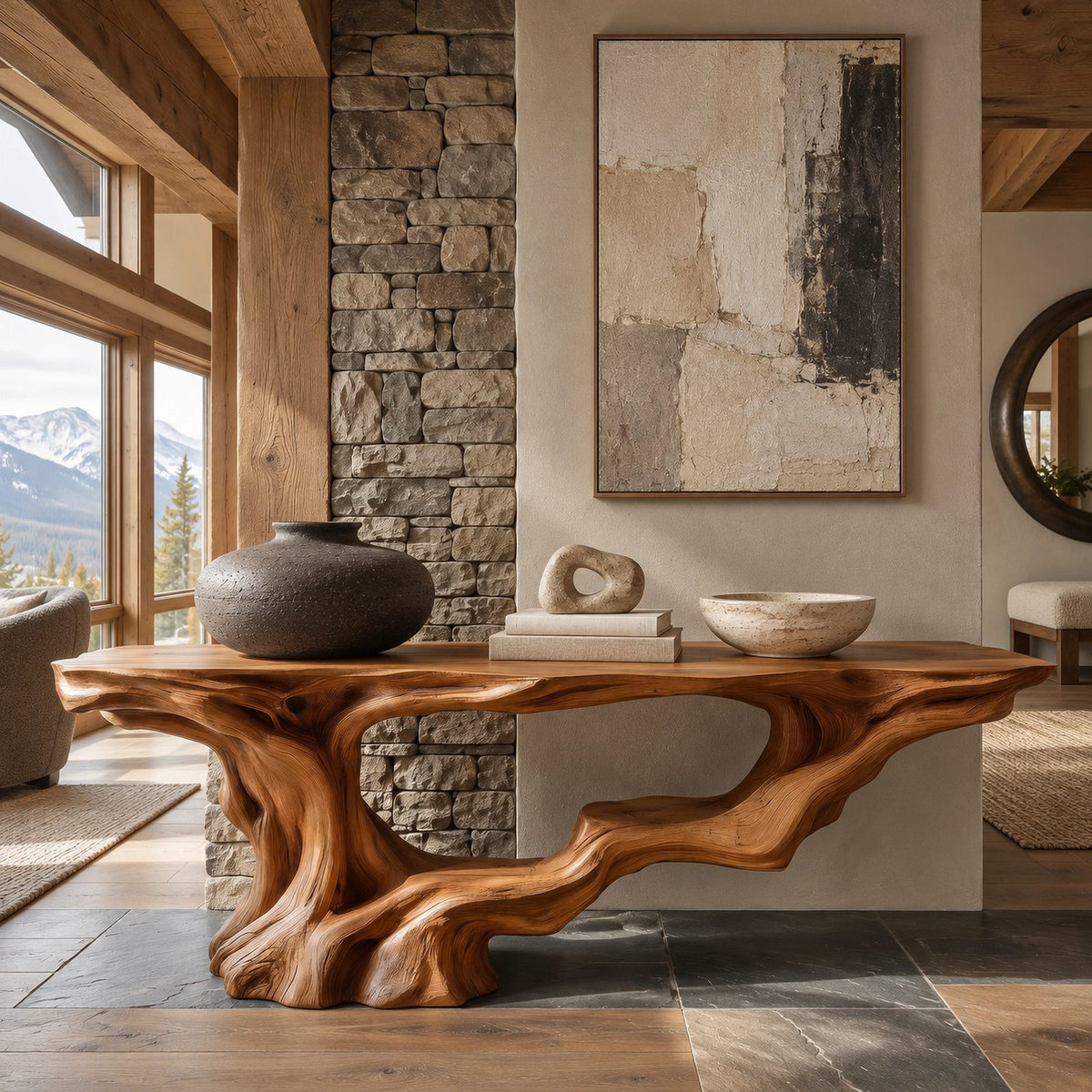 Rustic Driftwood Root Console Table With Lower Display Shelf For Hallway